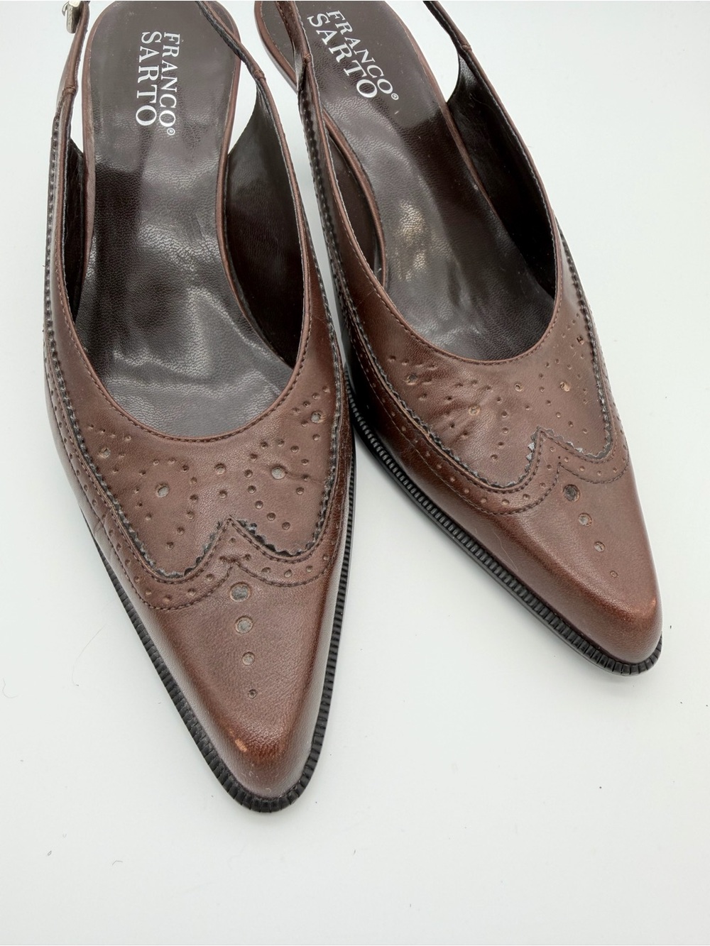 Franco Sarto Brown Leather Wingtip Slingback Pumps – Size 7M - Picture 4 of 10